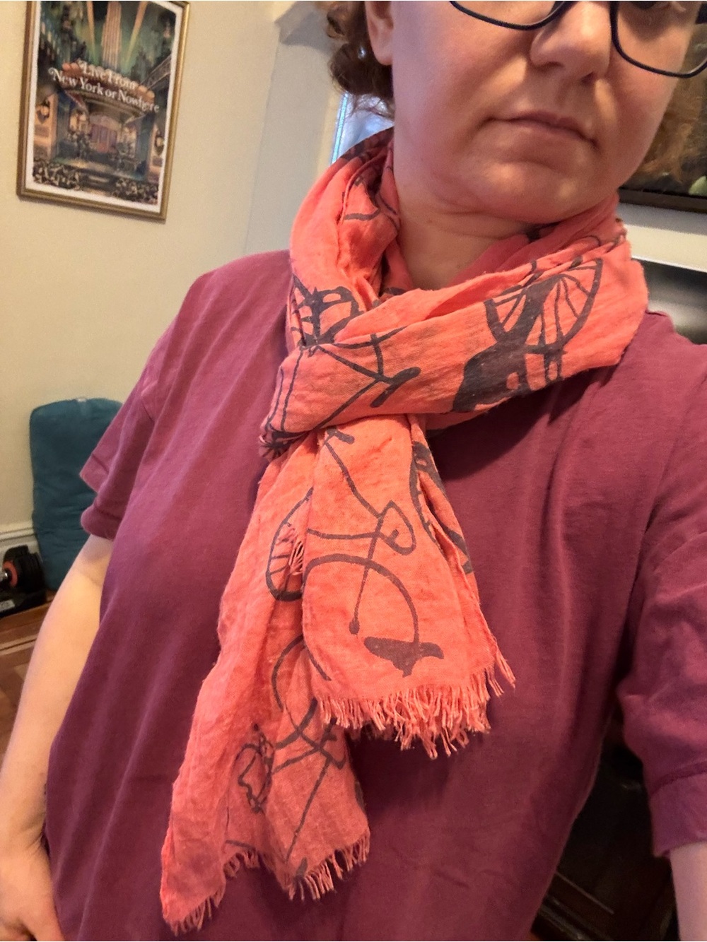 Lightweight Coral Scarf with Bicycle Print
